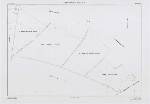 CHATIGNONVILLE, plans minutes de conservation : tableau d'assemblage, 1933, Ech. 1/5000 ; plans des section A, 1933, Ech. 1/1000, sections W, X, Y, Z, 1957, Ech. 1/2000, section ZA, 1975, Ech. 1/2000. Polyester. N et B. Dim. 105 x 80 cm [7 plans]. 