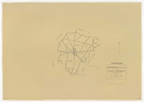 Plans minutes de conservation : CHATIGNONVILLE : tableau d'assemblage n°1, ech. 1/10000 (1933), section A1, ech. 2500, section A2, ech. 1/1250, A3, ech. 1/2500, section B, ech. 1/2500 (1933) ; tableau d'assemblage n°2, ech. 1/5000 (1957), sections A, ech.