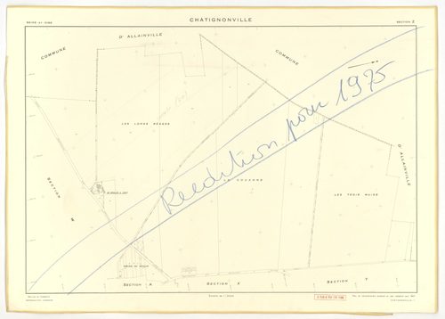 Plans minutes de conservation : CHATIGNONVILLE : tableau d'assemblage n°1, ech. 1/10000 (1933), section A1, ech. 2500, section A2, ech. 1/1250, A3, ech. 1/2500, section B, ech. 1/2500 (1933) ; tableau d'assemblage n°2, ech. 1/5000 (1957), sections A, ech.