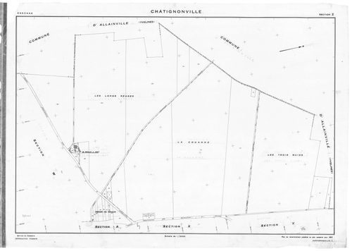 CHATIGNONVILLE .- Cadastre révisé pour 1933 : plan du tableau d'assemblage, plans de la section A le Village 1ère feuille, idem 2ème feuille, idem 3ème feuille, section B les Plaideurs ; cadastre révisé pour 1957 : plan du tableau d'assemblage, plans de l
