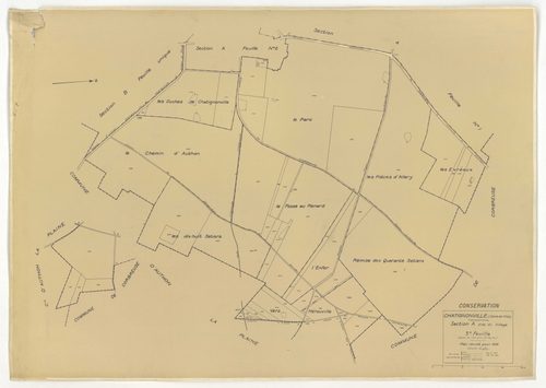 Plans minutes de conservation : CHATIGNONVILLE : tableau d'assemblage n°1, ech. 1/10000 (1933), section A1, ech. 2500, section A2, ech. 1/1250, A3, ech. 1/2500, section B, ech. 1/2500 (1933) ; tableau d'assemblage n°2, ech. 1/5000 (1957), sections A, ech.