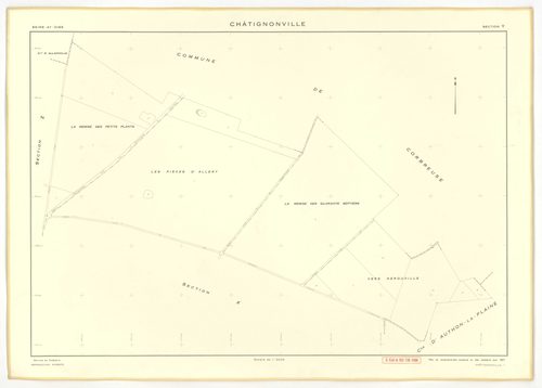 Plans minutes de conservation : CHATIGNONVILLE : tableau d'assemblage n°1, ech. 1/10000 (1933), section A1, ech. 2500, section A2, ech. 1/1250, A3, ech. 1/2500, section B, ech. 1/2500 (1933) ; tableau d'assemblage n°2, ech. 1/5000 (1957), sections A, ech.