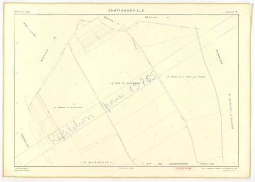 Plans minutes de conservation : CHATIGNONVILLE : tableau d'assemblage n°1, ech. 1/10000 (1933), section A1, ech. 2500, section A2, ech. 1/1250, A3, ech. 1/2500, section B, ech. 1/2500 (1933) ; tableau d'assemblage n°2, ech. 1/5000 (1957), sections A, ech.