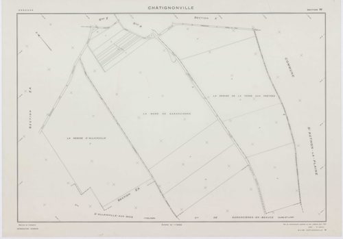CHATIGNONVILLE, plans minutes de conservation : tableau d'assemblage, 1933, Ech. 1/5000 ; plans des section A, 1933, Ech. 1/1000, sections W, X, Y, Z, 1957, Ech. 1/2000, section ZA, 1975, Ech. 1/2000. Polyester. N et B. Dim. 105 x 80 cm [7 plans]. 
