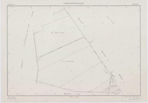 CHATIGNONVILLE, plans minutes de conservation : tableau d'assemblage, 1933, Ech. 1/5000 ; plans des section A, 1933, Ech. 1/1000, sections W, X, Y, Z, 1957, Ech. 1/2000, section ZA, 1975, Ech. 1/2000. Polyester. N et B. Dim. 105 x 80 cm [7 plans]. 