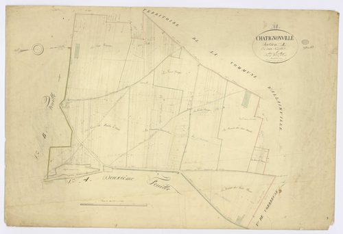 CHATIGNONVILLE. - Section A - Village (le), 1, ech. 1/2500, coul., aquarelle, papier, 69x99 (1828). 