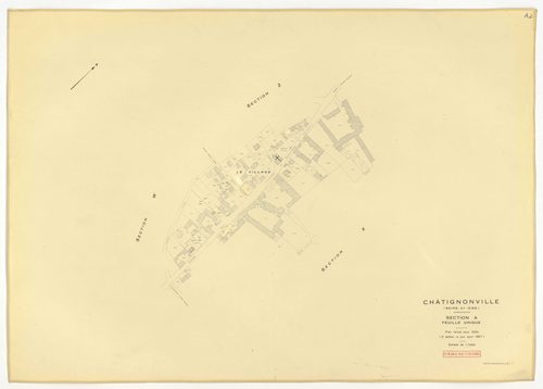 Plans minutes de conservation : CHATIGNONVILLE : tableau d'assemblage n°1, ech. 1/10000 (1933), section A1, ech. 2500, section A2, ech. 1/1250, A3, ech. 1/2500, section B, ech. 1/2500 (1933) ; tableau d'assemblage n°2, ech. 1/5000 (1957), sections A, ech.