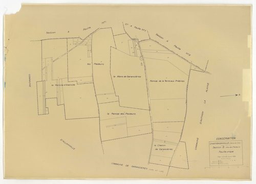 Plans minutes de conservation : CHATIGNONVILLE : tableau d'assemblage n°1, ech. 1/10000 (1933), section A1, ech. 2500, section A2, ech. 1/1250, A3, ech. 1/2500, section B, ech. 1/2500 (1933) ; tableau d'assemblage n°2, ech. 1/5000 (1957), sections A, ech.