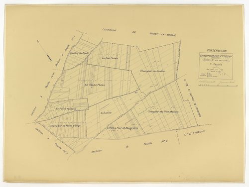 Plans minutes de conservation : CHAUFFOUR-LES-ETRECHY : tableau d'assemblage n°1, ech. 1/10000 (1932), sections A1, A2, A3, A4, ech. 1/1250, sections B1, B2, ech. 1/2500 (1932) ; tableau d'assemblage n°2, ech. 1/5000 (1961), sections A3, A4, ech. 1/1250, 