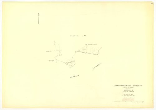 Plans minutes de conservation : CHAUFFOUR-LES-ETRECHY : tableau d'assemblage n°1, ech. 1/10000 (1932), sections A1, A2, A3, A4, ech. 1/1250, sections B1, B2, ech. 1/2500 (1932) ; tableau d'assemblage n°2, ech. 1/5000 (1961), sections A3, A4, ech. 1/1250, 