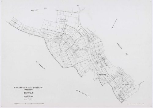 CHAUFFOUR-LES-ETRECHY, plans minutes de conservation : tableau d'assemblage, 1932, Ech. 1/5000 ; plans des sections A3, A4, 1932, Ech. 1/1250, sections ZA, ZB, ZC, ZD, ZE, 1961, Ech. 1/2000. Polyester. N et B. Dim. 105 x 80 cm [8 plans]. 