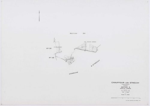CHAUFFOUR-LES-ETRECHY, plans minutes de conservation : tableau d'assemblage, 1932, Ech. 1/5000 ; plans des sections A3, A4, 1932, Ech. 1/1250, sections ZA, ZB, ZC, ZD, ZE, 1961, Ech. 1/2000. Polyester. N et B. Dim. 105 x 80 cm [8 plans]. 