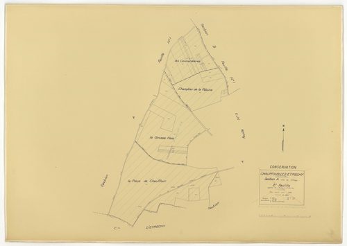 Plans minutes de conservation : CHAUFFOUR-LES-ETRECHY : tableau d'assemblage n°1, ech. 1/10000 (1932), sections A1, A2, A3, A4, ech. 1/1250, sections B1, B2, ech. 1/2500 (1932) ; tableau d'assemblage n°2, ech. 1/5000 (1961), sections A3, A4, ech. 1/1250, 