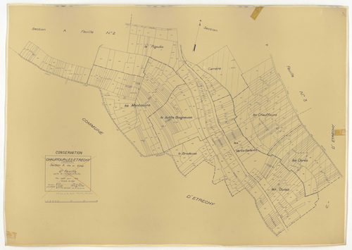 Plans minutes de conservation : CHAUFFOUR-LES-ETRECHY : tableau d'assemblage n°1, ech. 1/10000 (1932), sections A1, A2, A3, A4, ech. 1/1250, sections B1, B2, ech. 1/2500 (1932) ; tableau d'assemblage n°2, ech. 1/5000 (1961), sections A3, A4, ech. 1/1250, 