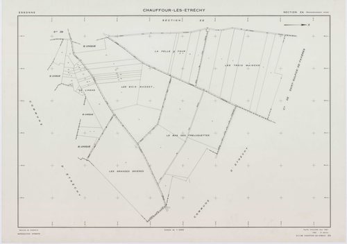 CHAUFFOUR-LES-ETRECHY, plans minutes de conservation : tableau d'assemblage, 1932, Ech. 1/5000 ; plans des sections A3, A4, 1932, Ech. 1/1250, sections ZA, ZB, ZC, ZD, ZE, 1961, Ech. 1/2000. Polyester. N et B. Dim. 105 x 80 cm [8 plans]. 