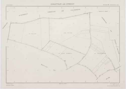 CHAUFFOUR-LES-ETRECHY, plans minutes de conservation : tableau d'assemblage, 1932, Ech. 1/5000 ; plans des sections A3, A4, 1932, Ech. 1/1250, sections ZA, ZB, ZC, ZD, ZE, 1961, Ech. 1/2000. Polyester. N et B. Dim. 105 x 80 cm [8 plans]. 