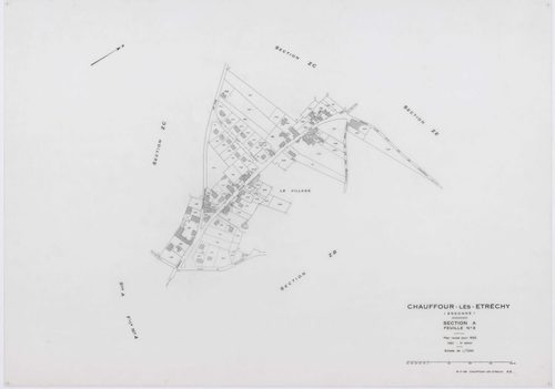 CHAUFFOUR-LES-ETRECHY, plans minutes de conservation : tableau d'assemblage, 1932, Ech. 1/5000 ; plans des sections A3, A4, 1932, Ech. 1/1250, sections ZA, ZB, ZC, ZD, ZE, 1961, Ech. 1/2000. Polyester. N et B. Dim. 105 x 80 cm [8 plans]. 