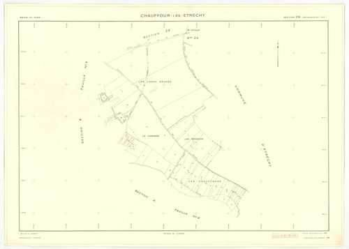 Plans minutes de conservation : CHAUFFOUR-LES-ETRECHY : tableau d'assemblage n°1, ech. 1/10000 (1932), sections A1, A2, A3, A4, ech. 1/1250, sections B1, B2, ech. 1/2500 (1932) ; tableau d'assemblage n°2, ech. 1/5000 (1961), sections A3, A4, ech. 1/1250, 