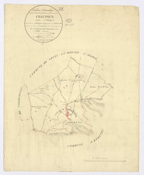 CHAUFFOUR-LES-ETRECHY. - Plan d'assemblage, ech. 1/10000, coul., aquarelle, papier, 62x49 (1824). 
