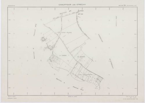 CHAUFFOUR-LES-ETRECHY, plans minutes de conservation : tableau d'assemblage, 1932, Ech. 1/5000 ; plans des sections A3, A4, 1932, Ech. 1/1250, sections ZA, ZB, ZC, ZD, ZE, 1961, Ech. 1/2000. Polyester. N et B. Dim. 105 x 80 cm [8 plans]. 