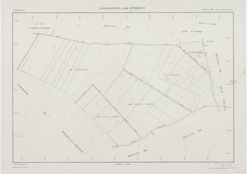 CHAUFFOUR-LES-ETRECHY, plans minutes de conservation : tableau d'assemblage, 1932, Ech. 1/5000 ; plans des sections A3, A4, 1932, Ech. 1/1250, sections ZA, ZB, ZC, ZD, ZE, 1961, Ech. 1/2000. Polyester. N et B. Dim. 105 x 80 cm [8 plans]. 