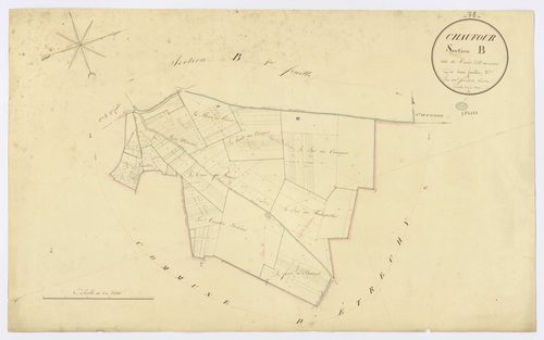 CHAUFFOUR-LES-ETRECHY. - Section B - Trois Maisons (les), 2, ech. 1/2500, coul., aquarelle, papier, 60x96 (1824). 
