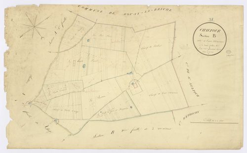 CHAUFFOUR-LES-ETRECHY. - Section B - Trois Maisons (les), 1, ech. 1/2500, coul., aquarelle, papier, 62x99 (1824). 