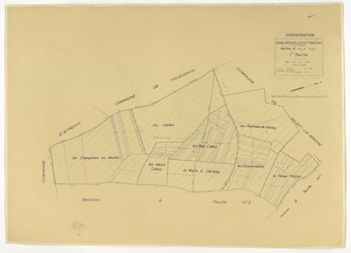 Plans minutes de conservation : CHAUFFOUR-LES-ETRECHY : tableau d'assemblage n°1, ech. 1/10000 (1932), sections A1, A2, A3, A4, ech. 1/1250, sections B1, B2, ech. 1/2500 (1932) ; tableau d'assemblage n°2, ech. 1/5000 (1961), sections A3, A4, ech. 1/1250, 