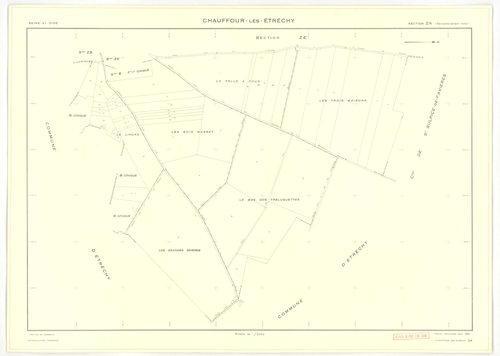 Plans minutes de conservation : CHAUFFOUR-LES-ETRECHY : tableau d'assemblage n°1, ech. 1/10000 (1932), sections A1, A2, A3, A4, ech. 1/1250, sections B1, B2, ech. 1/2500 (1932) ; tableau d'assemblage n°2, ech. 1/5000 (1961), sections A3, A4, ech. 1/1250, 