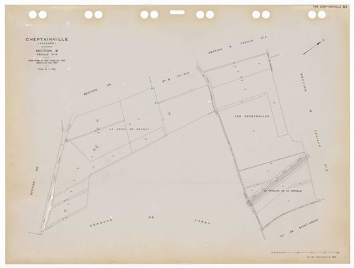 CHEPTAINVILLE, plans minutes de conservation : tableau d'assemblage,1932, Ech. 1/10000 ; plans des sections A4, A5, B1, B2, B3, B4, B5, C1, C2, C3, 1932, Ech. 1/1250, section C4, 1932, Ech. 1/2500, sections ZA, ZB, ZC, ZD, ZE, ZH, ZI, ZK, ZL, ZM, 1955, Ec