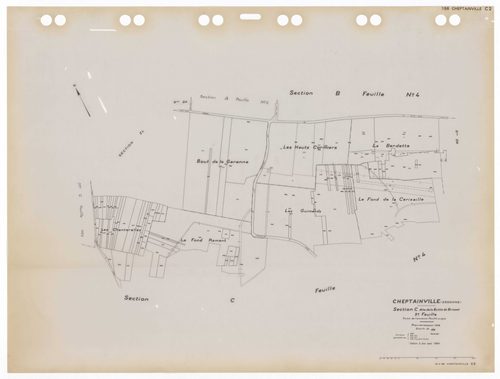 CHEPTAINVILLE, plans minutes de conservation : tableau d'assemblage,1932, Ech. 1/10000 ; plans des sections A4, A5, B1, B2, B3, B4, B5, C1, C2, C3, 1932, Ech. 1/1250, section C4, 1932, Ech. 1/2500, sections ZA, ZB, ZC, ZD, ZE, ZH, ZI, ZK, ZL, ZM, 1955, Ec