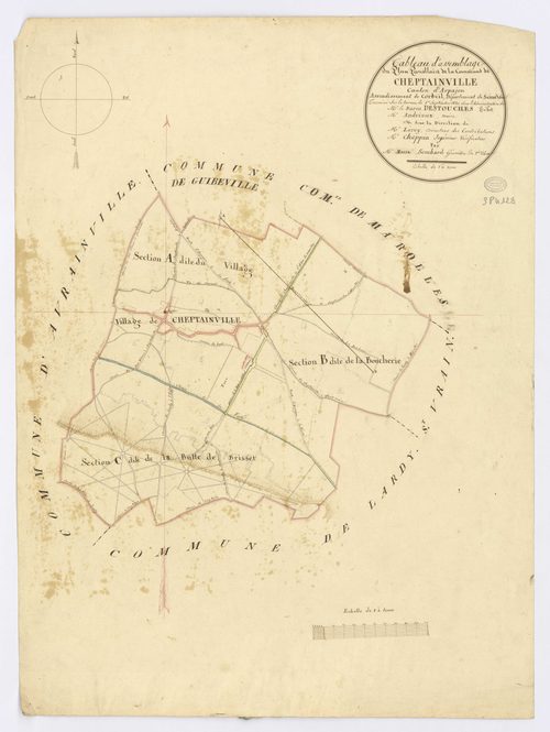 CHEPTAINVILLE. - Plan d'assemblage, ech. 1/10000, coul., aquarelle, papier, 68x50 (1820). 