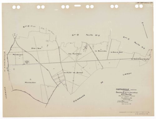 CHEPTAINVILLE, plans minutes de conservation : tableau d'assemblage,1932, Ech. 1/10000 ; plans des sections A4, A5, B1, B2, B3, B4, B5, C1, C2, C3, 1932, Ech. 1/1250, section C4, 1932, Ech. 1/2500, sections ZA, ZB, ZC, ZD, ZE, ZH, ZI, ZK, ZL, ZM, 1955, Ec