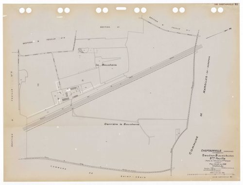 CHEPTAINVILLE, plans minutes de conservation : tableau d'assemblage,1932, Ech. 1/10000 ; plans des sections A4, A5, B1, B2, B3, B4, B5, C1, C2, C3, 1932, Ech. 1/1250, section C4, 1932, Ech. 1/2500, sections ZA, ZB, ZC, ZD, ZE, ZH, ZI, ZK, ZL, ZM, 1955, Ec
