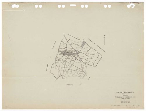 CHEPTAINVILLE, plans minutes de conservation : tableau d'assemblage,1932, Ech. 1/10000 ; plans des sections A4, A5, B1, B2, B3, B4, B5, C1, C2, C3, 1932, Ech. 1/1250, section C4, 1932, Ech. 1/2500, sections ZA, ZB, ZC, ZD, ZE, ZH, ZI, ZK, ZL, ZM, 1955, Ec