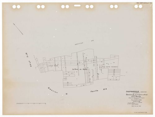CHEPTAINVILLE, plans minutes de conservation : tableau d'assemblage,1932, Ech. 1/10000 ; plans des sections A4, A5, B1, B2, B3, B4, B5, C1, C2, C3, 1932, Ech. 1/1250, section C4, 1932, Ech. 1/2500, sections ZA, ZB, ZC, ZD, ZE, ZH, ZI, ZK, ZL, ZM, 1955, Ec