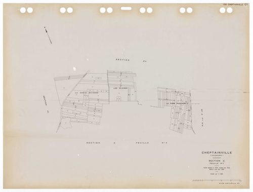 CHEPTAINVILLE, plans minutes de conservation : tableau d'assemblage,1932, Ech. 1/10000 ; plans des sections A4, A5, B1, B2, B3, B4, B5, C1, C2, C3, 1932, Ech. 1/1250, section C4, 1932, Ech. 1/2500, sections ZA, ZB, ZC, ZD, ZE, ZH, ZI, ZK, ZL, ZM, 1955, Ec