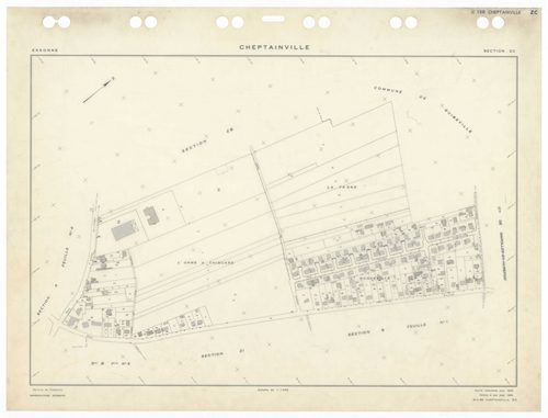 CHEPTAINVILLE, plans minutes de conservation : tableau d'assemblage,1932, Ech. 1/10000 ; plans des sections A4, A5, B1, B2, B3, B4, B5, C1, C2, C3, 1932, Ech. 1/1250, section C4, 1932, Ech. 1/2500, sections ZA, ZB, ZC, ZD, ZE, ZH, ZI, ZK, ZL, ZM, 1955, Ec