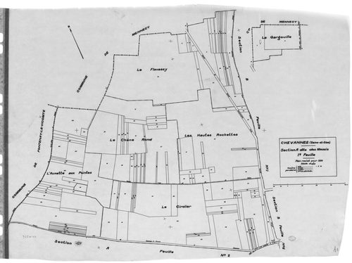 CHEVANNES .- Cadastre révisé pour 1934 : plan du tableau d'assemblage, plans de la section A les Messis 1ère feuille, idem 2ème feuille, idem 3ème feuille, section B le Village 1ère feuille, idem 2ème feuille, idem 3ème feuille, idem 4ème feuille ; cadast