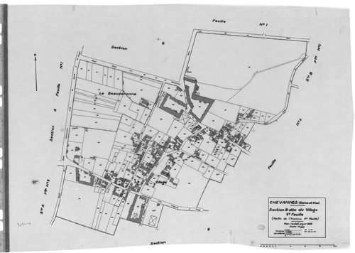 CHEVANNES .- Cadastre révisé pour 1934 : plan du tableau d'assemblage, plans de la section A les Messis 1ère feuille, idem 2ème feuille, idem 3ème feuille, section B le Village 1ère feuille, idem 2ème feuille, idem 3ème feuille, idem 4ème feuille ; cadast