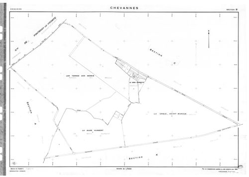 CHEVANNES .- Cadastre révisé pour 1934 : plan du tableau d'assemblage, plans de la section A les Messis 1ère feuille, idem 2ème feuille, idem 3ème feuille, section B le Village 1ère feuille, idem 2ème feuille, idem 3ème feuille, idem 4ème feuille ; cadast