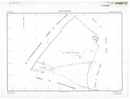 CHEVANNES, plans minutes de conservation : tableau d'assemblage,1953, Ech. 1/5000 ; plans des sections Ju, 1953, Ech. 1/1000, sections Au, Bu, Cu, Du, Eu, Fu, Gu, Hu, Ku, 1953, Ech. 1/2000. Polyester. N et B. Dim. 105 x 80 cm [11 plans]. 