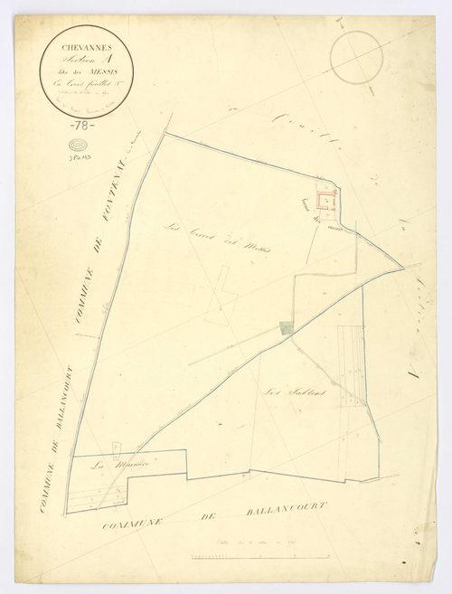 CHEVANNES. - Section A - Messis (les), 3, ech. 1/2500, coul., aquarelle, papier, 68x49 (1823). 
