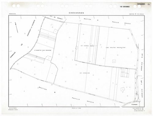 CHEVANNES, plans minutes de conservation : tableau d'assemblage,1953, Ech. 1/5000 ; plans des sections Ju, 1953, Ech. 1/1000, sections Au, Bu, Cu, Du, Eu, Fu, Gu, Hu, Ku, 1953, Ech. 1/2000. Polyester. N et B. Dim. 105 x 80 cm [11 plans]. 