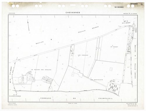 CHEVANNES, plans minutes de conservation : tableau d'assemblage,1953, Ech. 1/5000 ; plans des sections Ju, 1953, Ech. 1/1000, sections Au, Bu, Cu, Du, Eu, Fu, Gu, Hu, Ku, 1953, Ech. 1/2000. Polyester. N et B. Dim. 105 x 80 cm [11 plans]. 