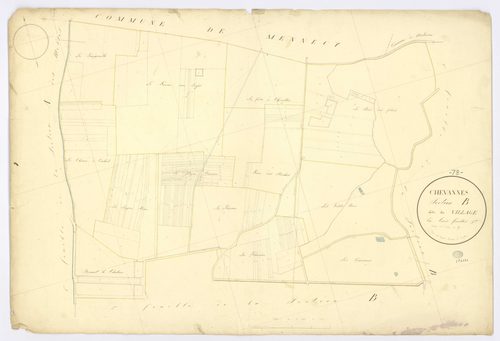 CHEVANNES. - Section B - Village (le), 1, ech. 1/2500, coul., aquarelle, papier, 69x100 (1823). 