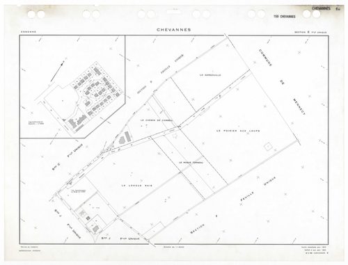 CHEVANNES, plans minutes de conservation : tableau d'assemblage,1953, Ech. 1/5000 ; plans des sections Ju, 1953, Ech. 1/1000, sections Au, Bu, Cu, Du, Eu, Fu, Gu, Hu, Ku, 1953, Ech. 1/2000. Polyester. N et B. Dim. 105 x 80 cm [11 plans]. 