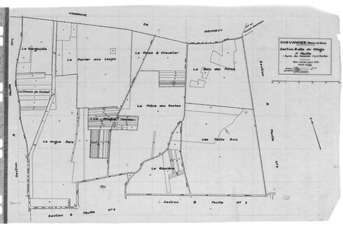CHEVANNES .- Cadastre révisé pour 1934 : plan du tableau d'assemblage, plans de la section A les Messis 1ère feuille, idem 2ème feuille, idem 3ème feuille, section B le Village 1ère feuille, idem 2ème feuille, idem 3ème feuille, idem 4ème feuille ; cadast