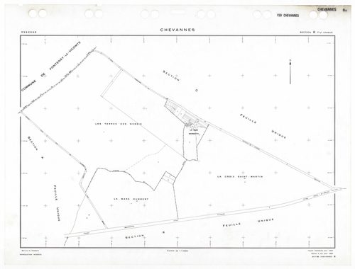 CHEVANNES, plans minutes de conservation : tableau d'assemblage,1953, Ech. 1/5000 ; plans des sections Ju, 1953, Ech. 1/1000, sections Au, Bu, Cu, Du, Eu, Fu, Gu, Hu, Ku, 1953, Ech. 1/2000. Polyester. N et B. Dim. 105 x 80 cm [11 plans]. 