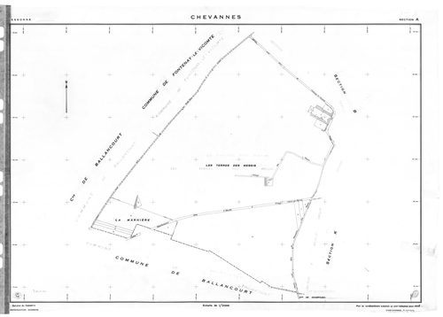 CHEVANNES .- Cadastre révisé pour 1934 : plan du tableau d'assemblage, plans de la section A les Messis 1ère feuille, idem 2ème feuille, idem 3ème feuille, section B le Village 1ère feuille, idem 2ème feuille, idem 3ème feuille, idem 4ème feuille ; cadast